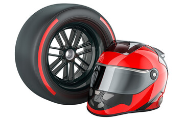 Racing Helmet with racing wheel red soft, compound type tyre. 3D rendering isolated on transparent background