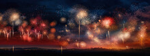 Fireworks Over Night City Sky, Holiday Background, Bright Colorful Lights