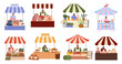 © Khrystyna Dmytryshyn - Street market fair. Outdoor market stalls vector flat illustration. People selling fish, bakery, meat, vegetables, fruits, plants, jam and icecream. Local market stalls. .