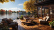 waterfront wooden deck, charming terrace with lounge zone and lake view on sunny autumn day