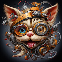 Comical Steampunk Cat With Metal Details On His Head And Glasses