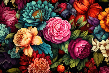 Wall Mural - Colorful flower pattern on dark background, illustration generated by AI
