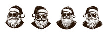 Set Of Different Cool Santas With Sunglasses. Retro Vintage Santa Claus Clipart. Simple Art Of Santa Claus. Logo Of Santa Claus. Vector Illustration Isolated On White. PNG                        