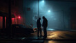 Two gang members having conversation in the street, night scene