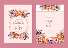 Pink And Orange Lily Beautiful Wedding Invitation Card Template Set With Flowers And Floral