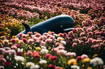 Cute whale doll in the flower garden. Generative ai