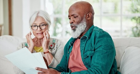 Canvas Print - Documents, discussion and senior couple with stress in living room talk on debt, mortgage or bill payment. Conversation, paperwork and elderly man and woman in retirement speak in lounge at home.