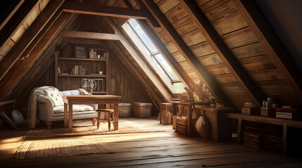  An inviting attic room is filled with natural light and wooden walls adorned with rustic wood accents