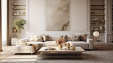 Fototapeta  - An inviting living room with an elegant velvet sofa and a marble-topped coffee table with gold accents