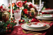 © barmaleeva - Festive dining table set for Christmas dinner. Holiday decorations, wine glasses and tableware. Generative AI