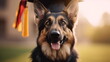 Happy smiling German Shepherd dog wearing graduation hat of German flag colors. Education concept