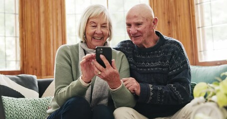 Wall Mural - Phone, search and happy senior couple on a sofa with social media, chat or reading at home together. Smartphone, app and old people in a living room with online communication, retirement and bonding