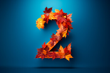 The number two in the fall leaves, against the backdrop of autumn . Leaves number two in the midst of the yellow season on a blue background. A giant number two from leaves in the fall