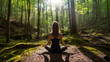 Back of woman meditating in the forest, woman doing yoga in the forest