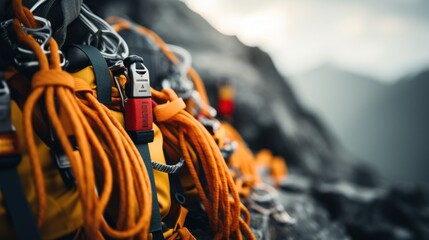 Poster - Close up of climbing equipment on a mountain, AI