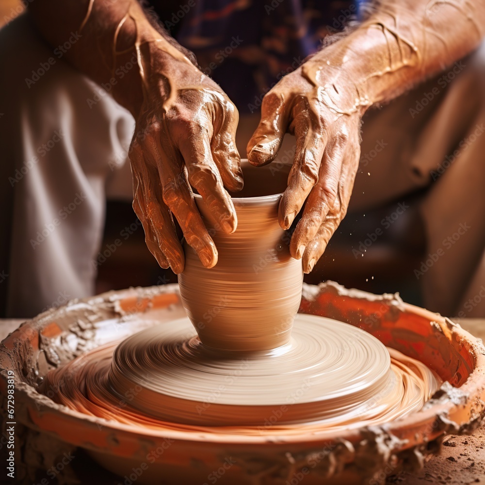 Potter molds a lump of clay into a beautiful vase, his hands skillfully ...
