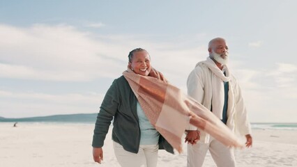 Wall Mural - Senior, couple and pointing on beach with smile for vacation, holiday or adventure with blue sky and freedom. Black people, man or woman by sea or ocean with walking for experience, travel or happy