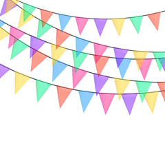 Wall Mural - Birthday bunting garlands with flags made of shredded pieces of fabric. Decorative multicolored party pennants for festival, party celebration.