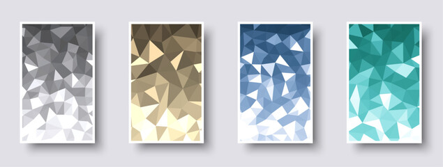 Wall Mural - Set of paper mockup cards with colorful polygonal backgrounds. Made of shiny triangles for invitation, web pages, apps, party flyer, simple web design.