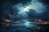 Fototapeta  - A painting of the sky and the water,  epic fantasy scenes, apocalyptic atmosphere.