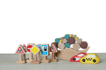 Poster - Different wooden toys isolated on white. Children's development