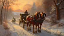A winter scene with a horse-drawn sleigh ride through the snow-covered countryside.
