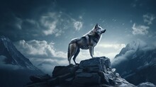 A Lone Wolf Standing Proudly On A Rocky Mountaintop, Under The Moonlight