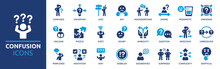 Confusion Icon Set. Containing Confused, Uncertain, Lost, Unclear, Misunderstand, Hesitation, Ambiguity, Perplexed And More. Solid Vector Icons Collection.