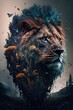 AI generated illustration of a majestic lion surrounded by lush green plants and leaves