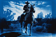 A Grainy Textured Illustration Of A Cowboy Riding A Horse At Night