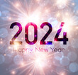 New Year 2024 numbers on bright purple background with flying firework light particles.