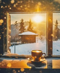 Canvas Print - Cup of hot coffee. Good morning. Winter holiday season. Cozy evening time.