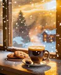 Sticker - Cup of hot coffee. Good morning. Winter holiday season. Cozy evening time.