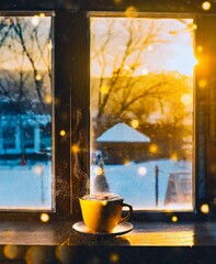 Sticker - Cup of hot coffee. Good morning. Winter holiday season. Cozy evening time.