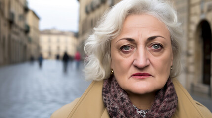 Middle-aged woman, cold autumn weather, jacket, looking sad and lonely, fictional location