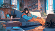 © Hamupata - 部屋で猫とリラックスする女性のイラスト