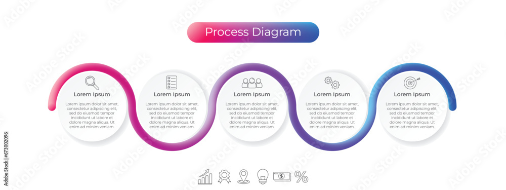 Infographic label template with five step icons and text box, Colorful ...