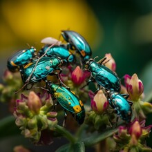 AI Generated Illustration Of Several Small Green Bugs Perched Atop A Colorful Flower