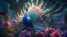 AI Generated Illustration Of A Majestic Peacock  Illuminated By The Warm Evening Light