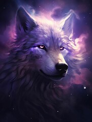 Wall Mural - ai generated illustration of a wild gray wolf illuminated by a bright, vivid light in a dark setting
