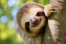 Sloth With Shining Eyes In Natural Habitat With Greenery Backdrop. South American Wildlife.