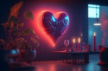 AI Generated Illustration Of A Glowing Red Heart Illuminated On A Wall With Candles On The Table