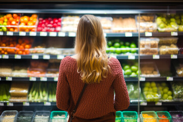 Rear view of a woman shopping for groceries, fruits and vegetables. In front of a colorful food display