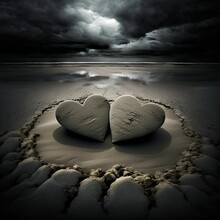 AI Generated Illustration Of Two Clay Heart Shapes On Rocky Beach Under Dark Clouds