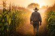 © MVProductions - Rear view of a farmer at dawn while walking through a dew-kissed corn field towards distant grain silos, depicting rural life and agriculture