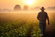 © MVProductions - Rear view of a farmer at dawn while walking through a dew-kissed corn field towards distant grain silos, depicting rural life and agriculture