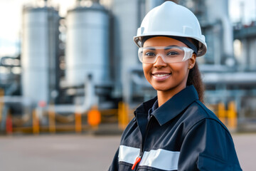 A portrait of smiling African American female engineer at an oil refinery