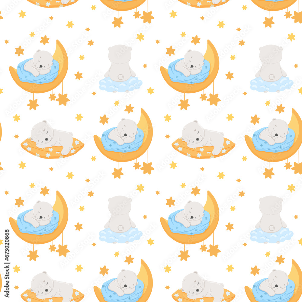 Seamless pattern with cute baby bear sleeping on moon and pillow ...