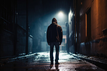 View from behind of a man standing in a dark alley at night. Concept of fear, suspense, thriller, and horror and suicide