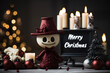 Merry Christmas and Happy New Year greeting card with cute little snowman in red hat and bow tie.